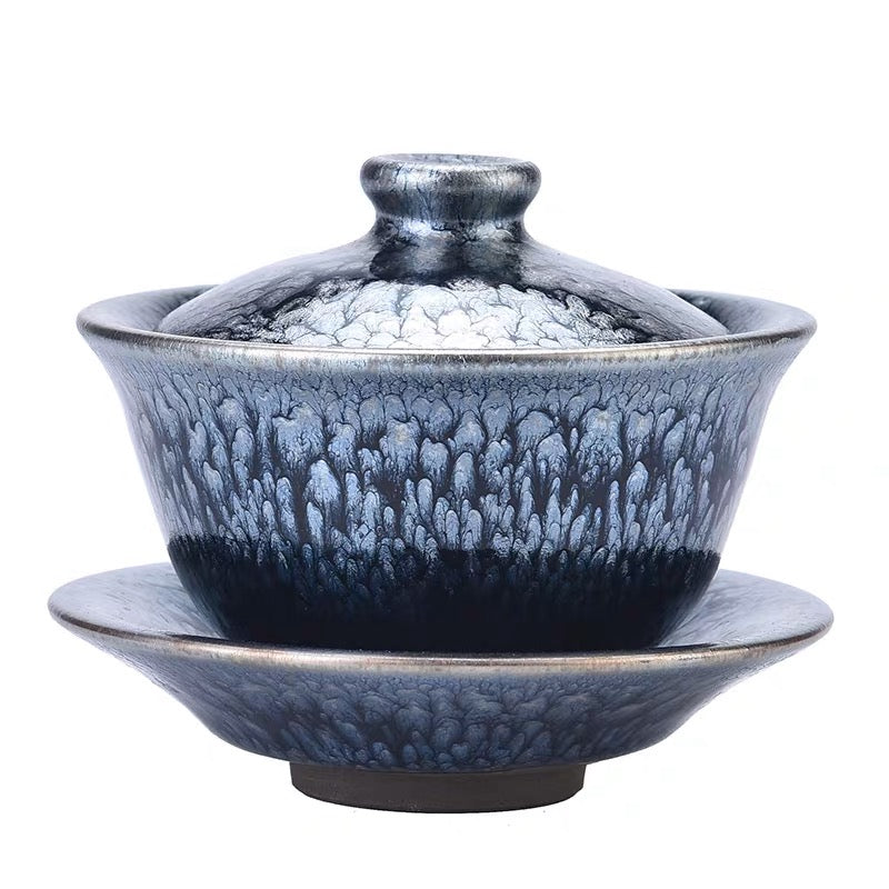 Handmade Tenmoku Flowers Gaiwan, Jian Zhan Tenmoku Gaiwan Tea Bowl