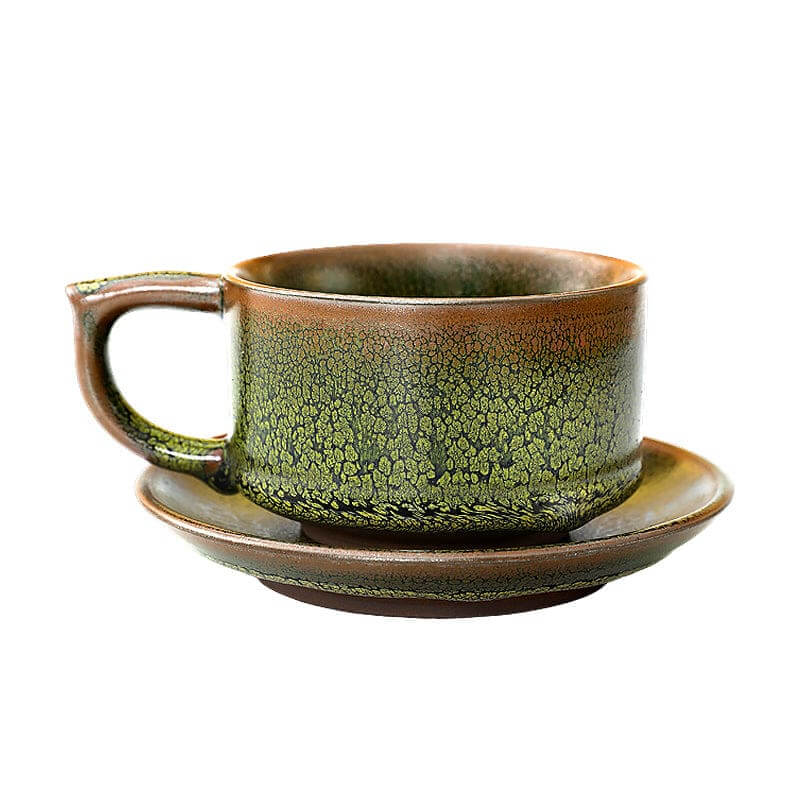 Green Partridge Jian Zhan Tenmoku Coffee Tea Cup and Saucers