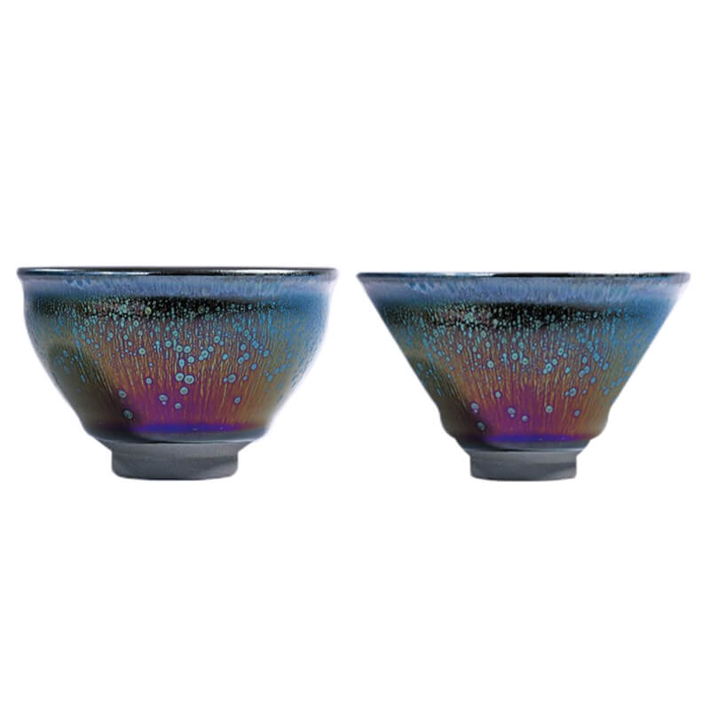 Rainbow Yohen Tenmoku Jianzhan Oil Spots Tea Cup Sets ( 2 Cups )